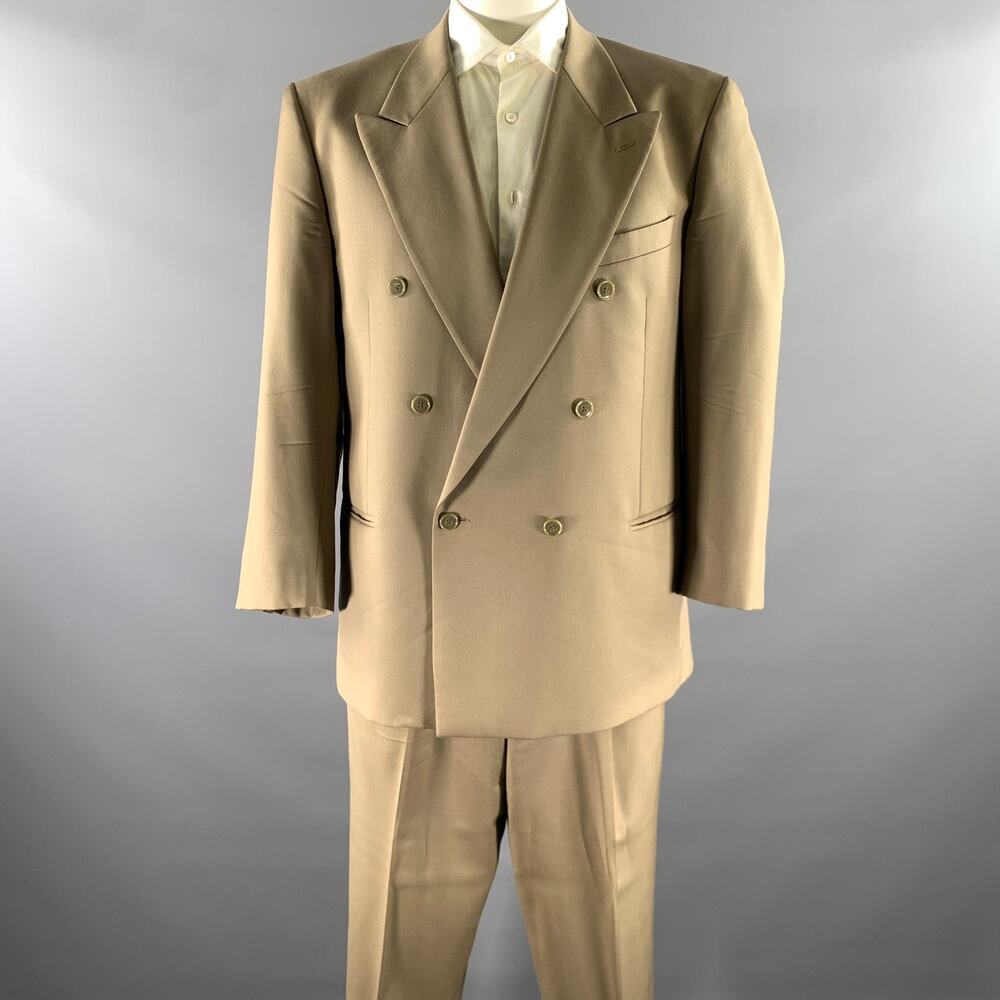 MANI Size 44 Khaki Wool Peak Lapel Double Breasted Suit